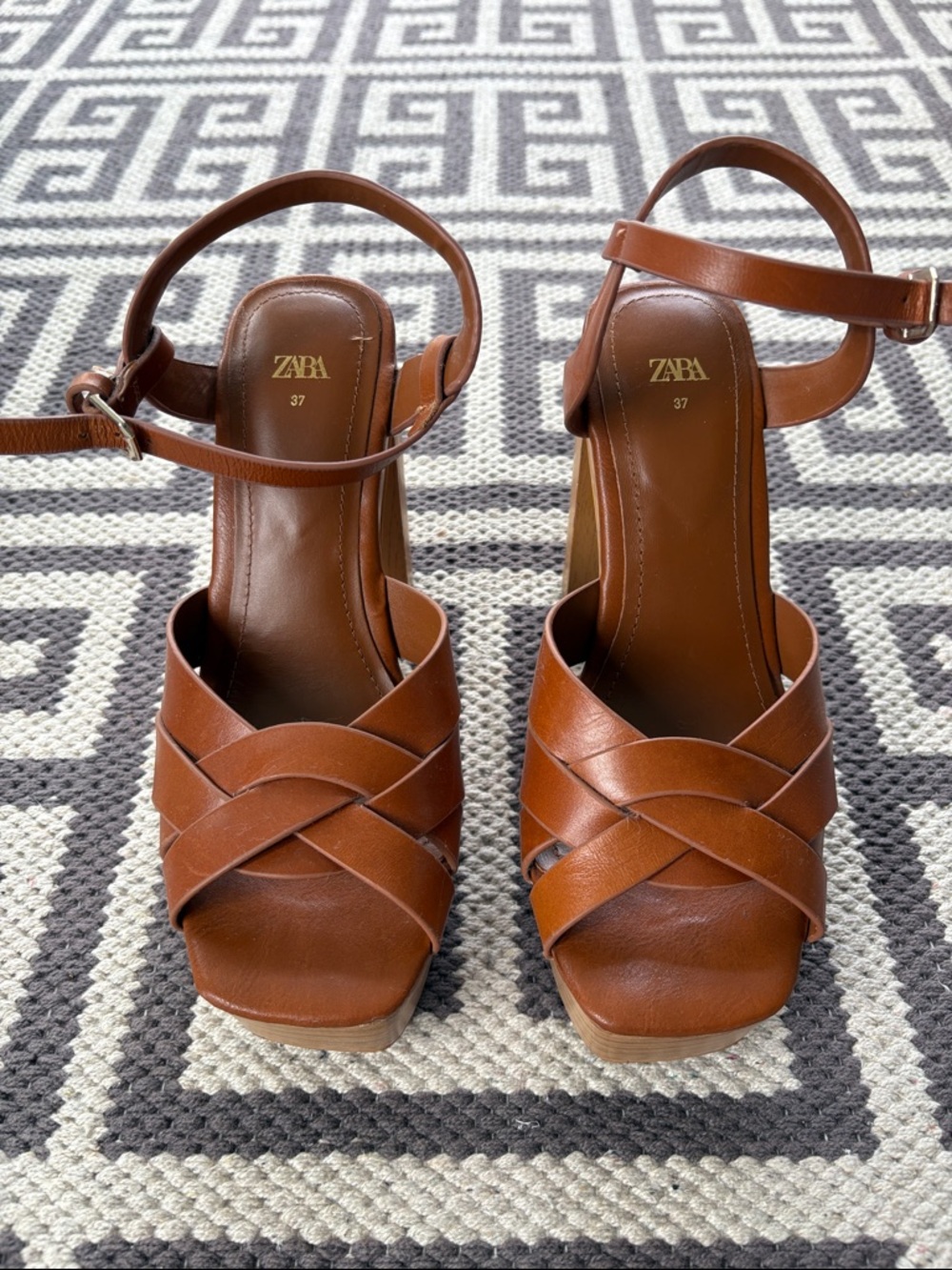 Zara Tan Leather Woven Ankle-Strap Sandals